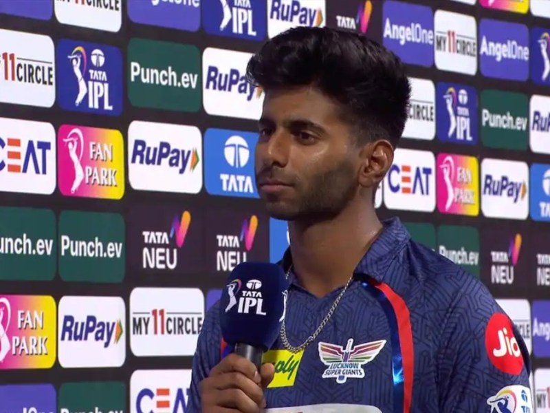 Mayank Yadav at the post match presentation after win against RCB